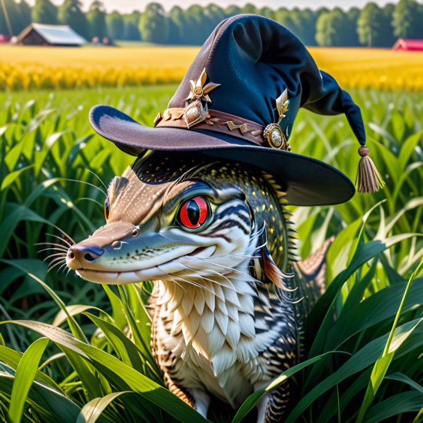 Foto de un lucio en un sombrero en el campo