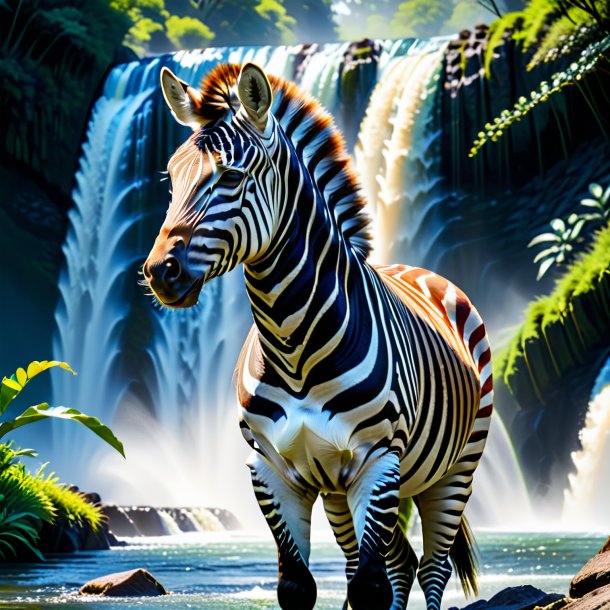 Foto de uma zebra em um colete na cachoeira