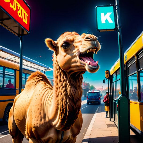 Pic of a angry of a camel on the bus stop