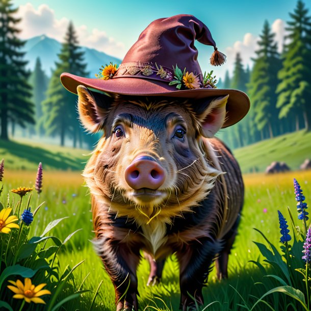 Pic of a boar in a hat in the meadow