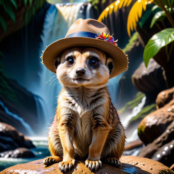 Picture of a meerkat in a hat in the waterfall