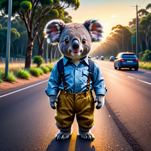 Foto de un koala en los pantalones en la carretera