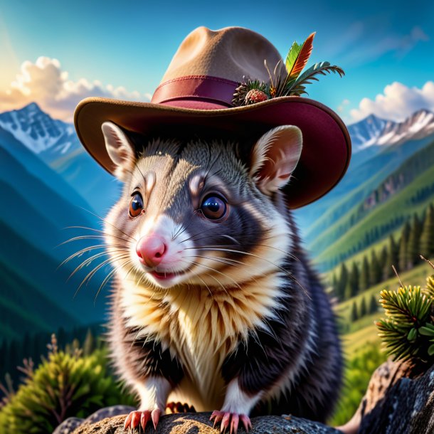 Photo of a possum in a hat in the mountains