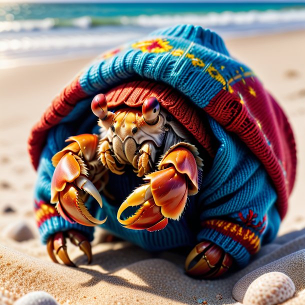 Pic d'un crabe ermite dans un pull sur la plage