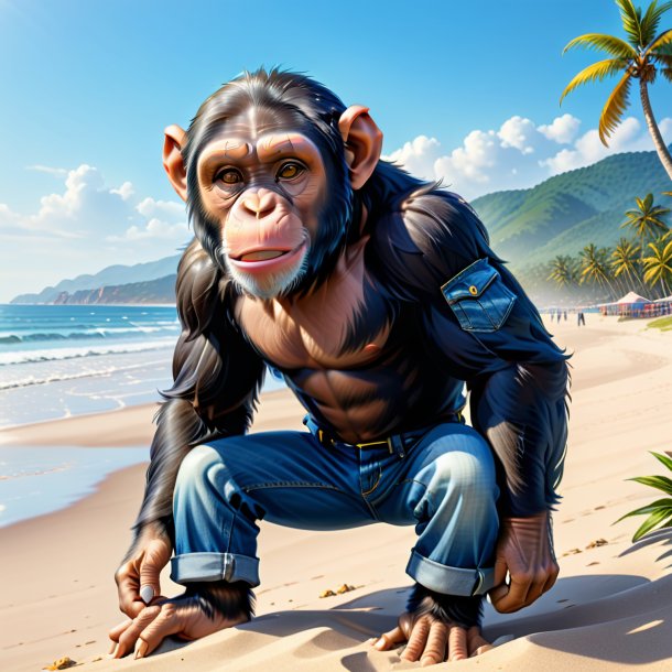 Ilustración de un chimpancé en jeans en la playa