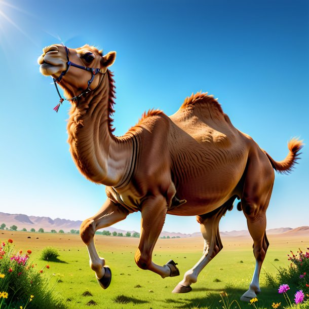 Pic of a jumping of a camel in the meadow