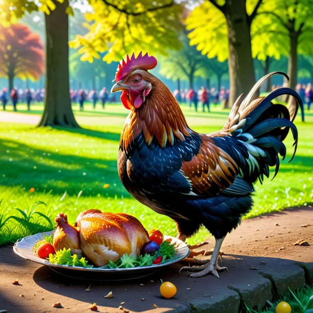 Foto de una comida de una gallina en el parque