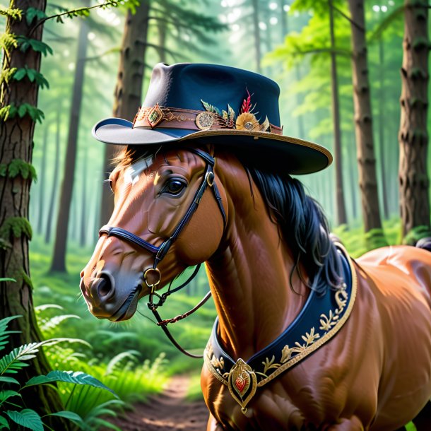 Photo d'un cheval dans un chapeau dans la forêt