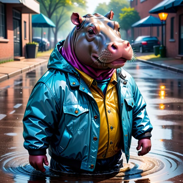 Drawing of a hippopotamus in a jacket in the puddle