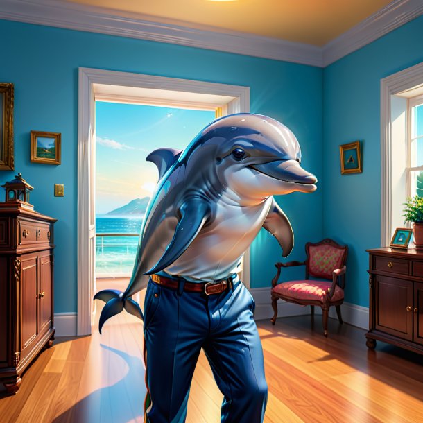 Illustration of a dolphin in a trousers in the house