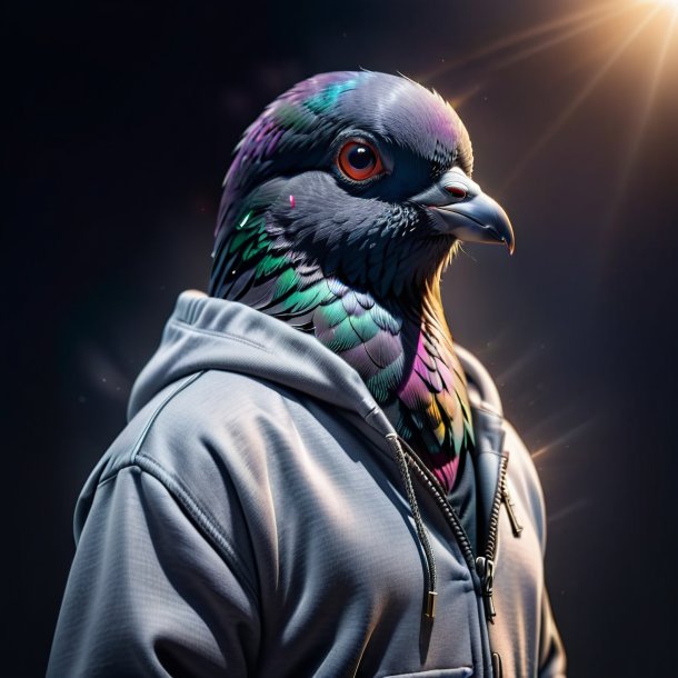 Photo of a pigeon in a gray hoodie