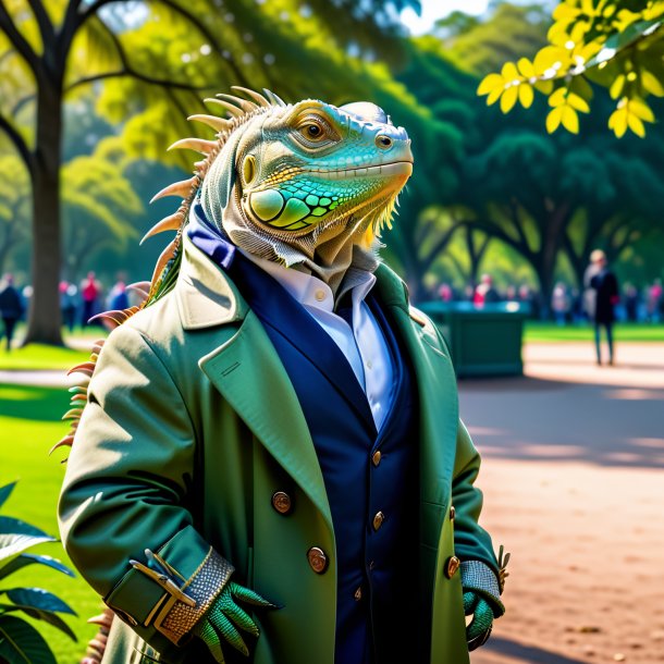 Imagem de uma iguana em um casaco no parque