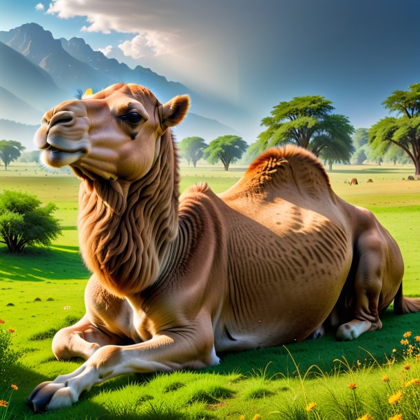 Image of a resting of a camel in the meadow