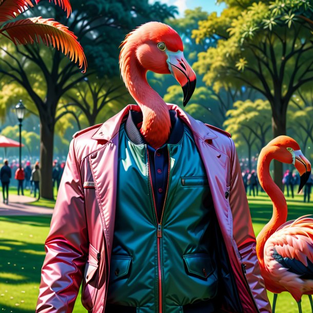 Desenho de um flamingo em uma jaqueta no parque