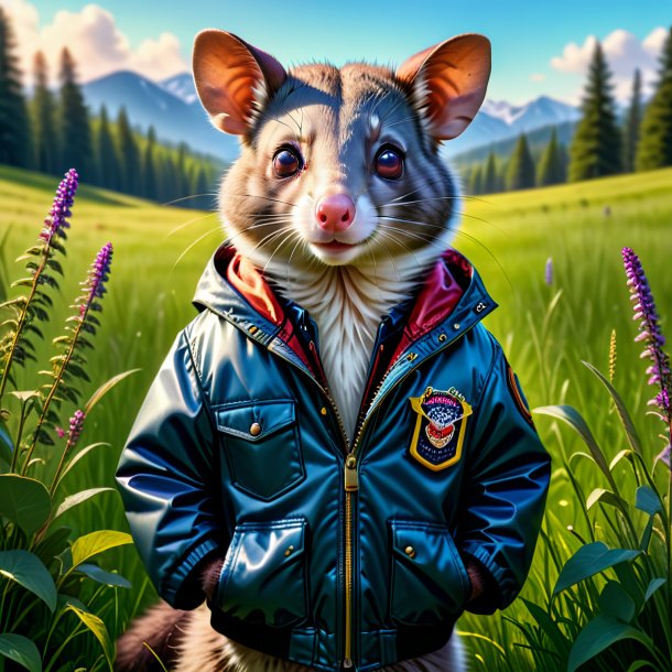 Pic d'un opossum dans une veste dans la prairie