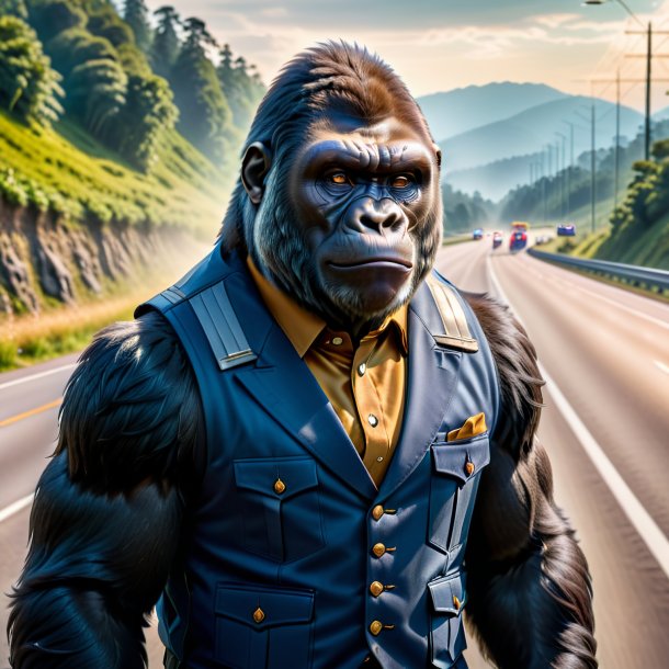 Photo of a gorilla in a vest on the highway