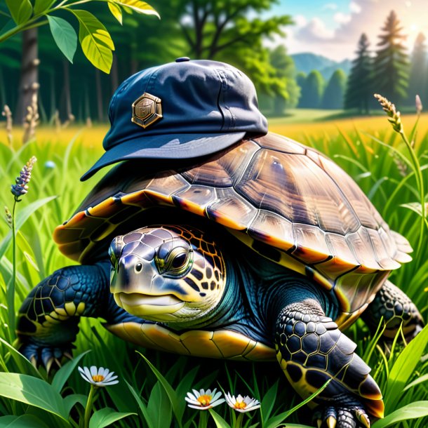 Pic of a turtle in a cap in the meadow