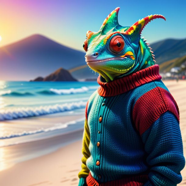 Dessin d'un caméléon dans un pull sur la plage