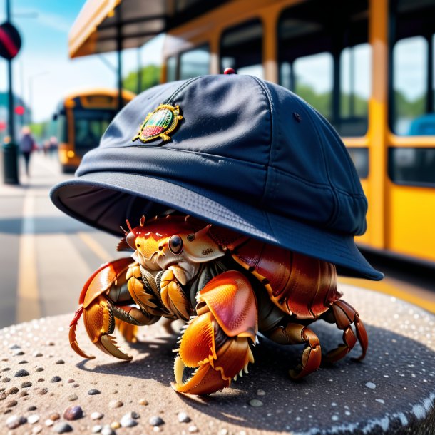 Image of a hermit crab in a cap on the bus stop