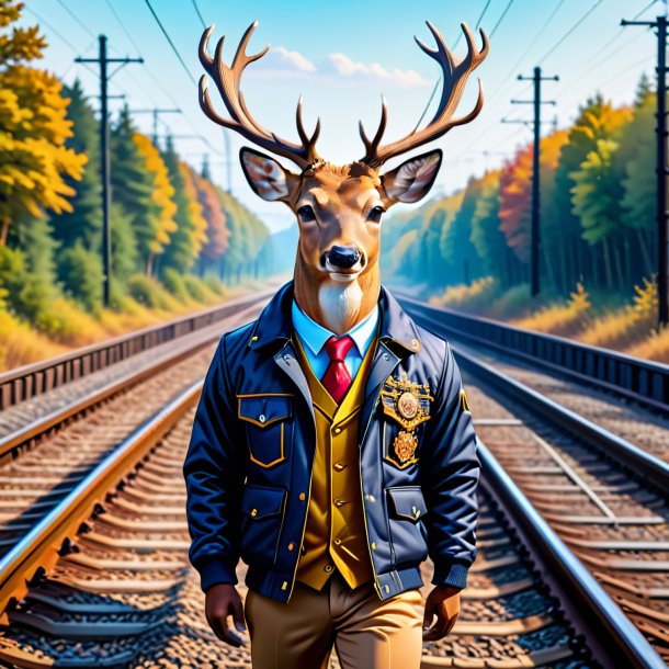 Pic of a deer in a jacket on the railway tracks