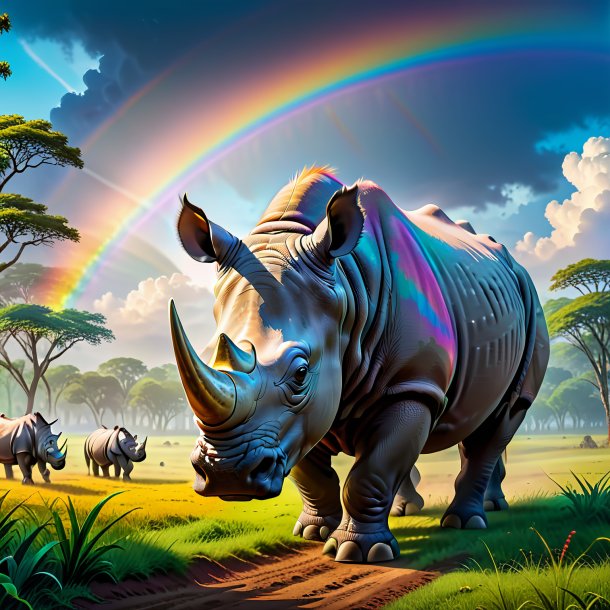 Image of a playing of a rhinoceros on the rainbow