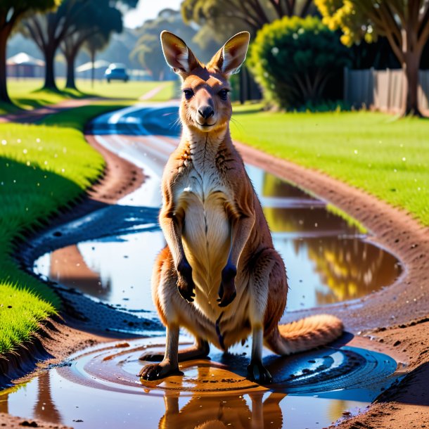 Pic of a kangaroo in a belt in the puddle