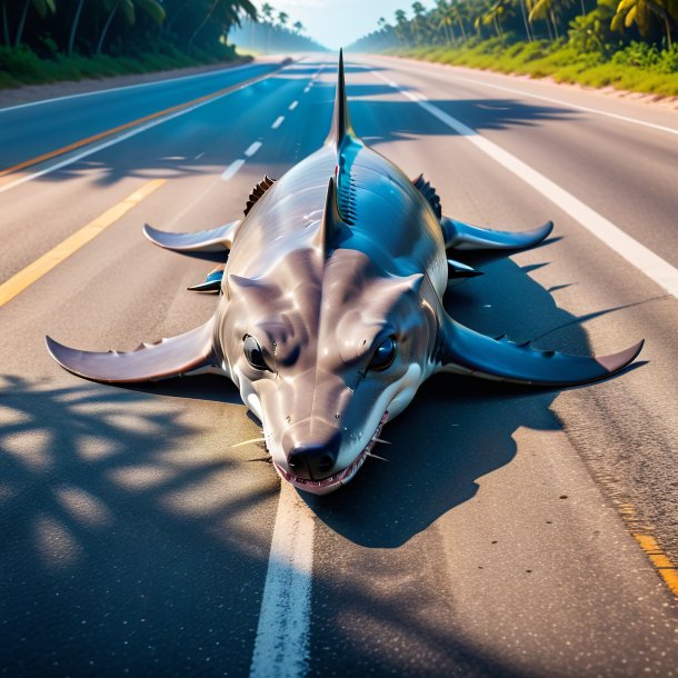 Picture of a resting of a hammerhead shark on the road