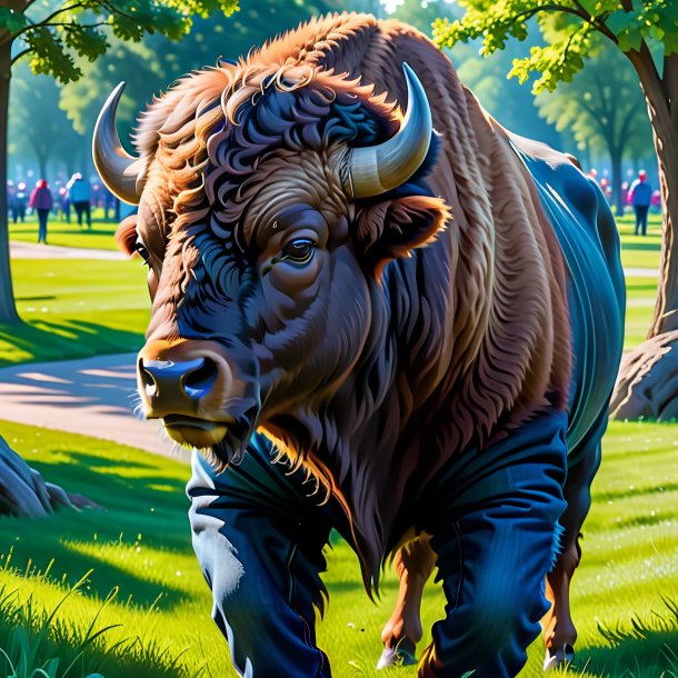 Image of a bison in a jeans in the park