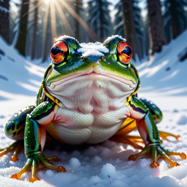 Photo of a threatening of a frog in the snow