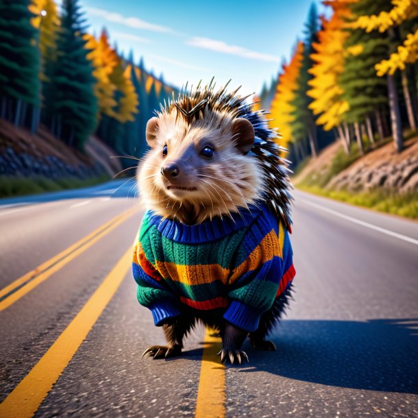 Photo of a porcupine in a sweater on the road