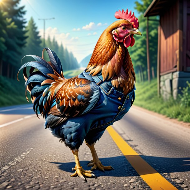 Illustration of a hen in a jeans on the road