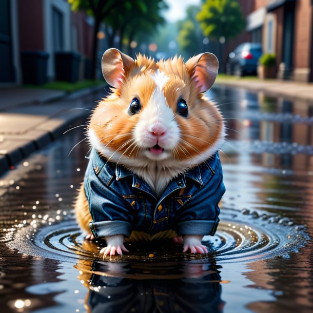 Image of a hamster in a jeans in the puddle