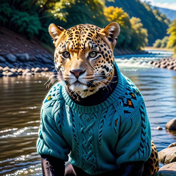 Imagem de um jaguar em um suéter no rio