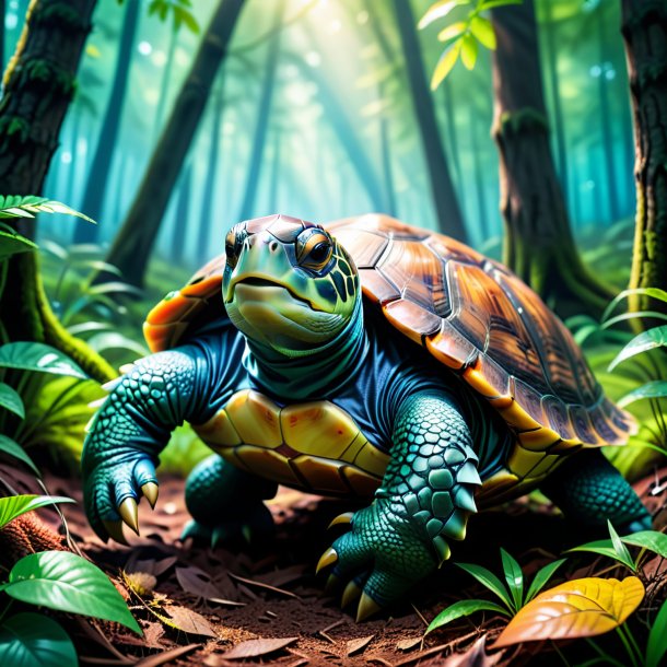 Imagen de una tortuga en guantes en el bosque