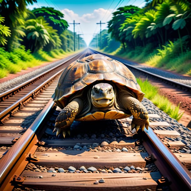 Foto de um salto de uma tartaruga nos trilhos ferroviários