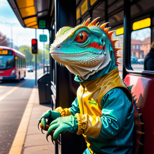 Pic of a lizard in a gloves on the bus stop