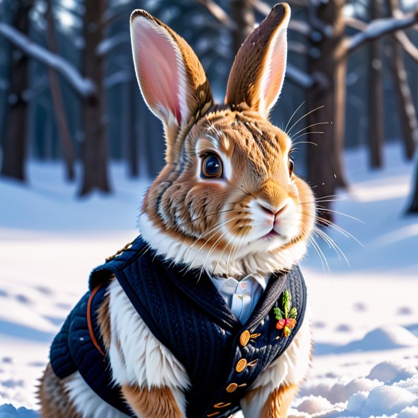 Image of a rabbit in a vest in the snow