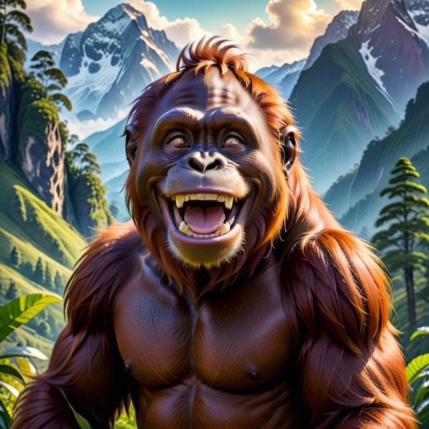 Picture of a smiling of a orangutan in the mountains