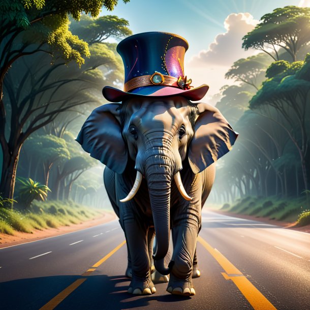 Illustration of a elephant in a hat on the road