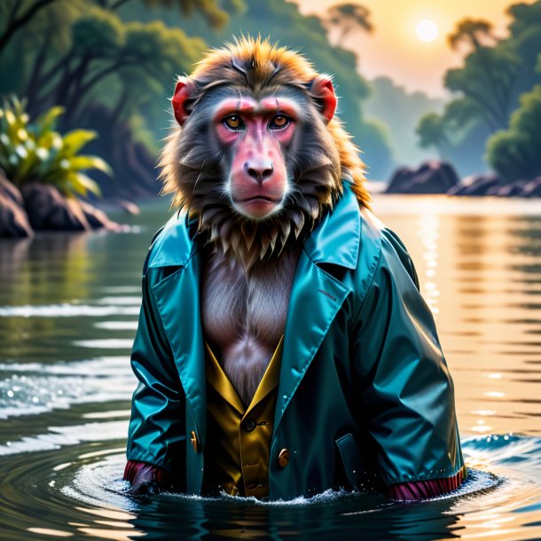 Picture of a baboon in a coat in the water