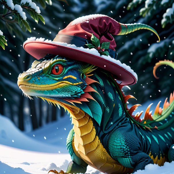 Drawing of a basilisk in a hat in the snow