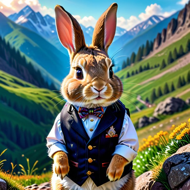 Picture of a rabbit in a vest in the mountains