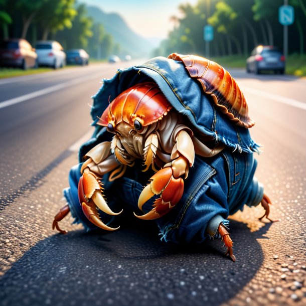 Illustration d'un crabe ermite dans un jean sur la route