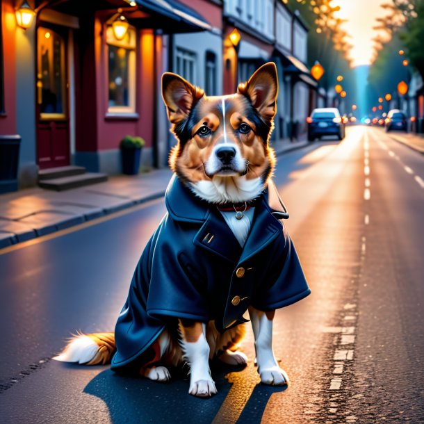 Foto de um cão em um casaco na estrada