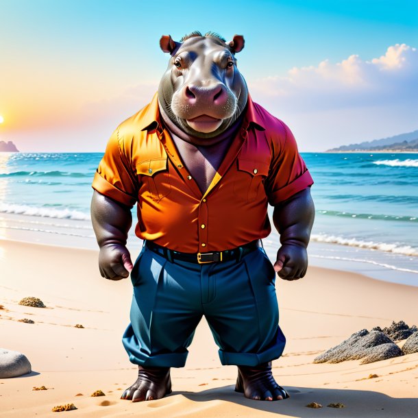 Image of a hippopotamus in a trousers on the beach