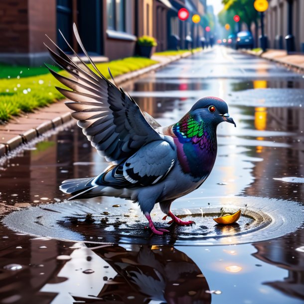 Imagem de um comer de um pombo na poça