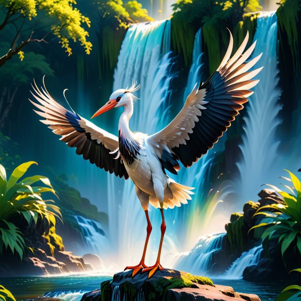 Picture of a dancing of a stork in the waterfall