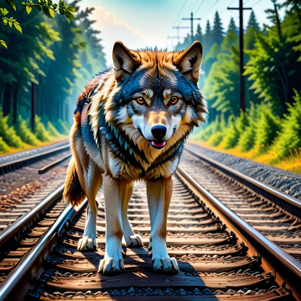 Foto de uma bebida de um lobo nos trilhos ferroviários