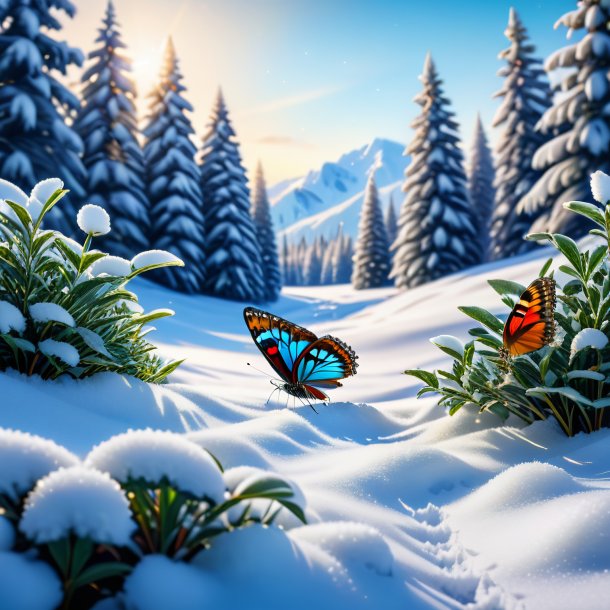 Imagen de una espera de una mariposa en la nieve