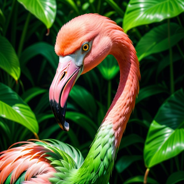 Image of a green smiling flamingo